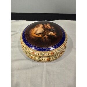 Vintage Carlsbad Fine Porcelain Dresser Box – Romantic Couple, Cobalt & Gilt